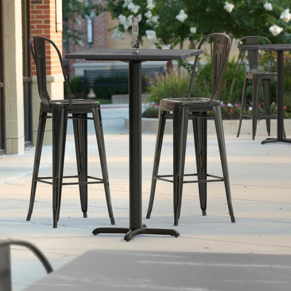 Lancaster Table & Seating Excalibur 27 1/2" x 27 1/2" Square Smooth Letizia Bar Height Table with 2 Alloy Series Black Outdoor Cafe Barstools