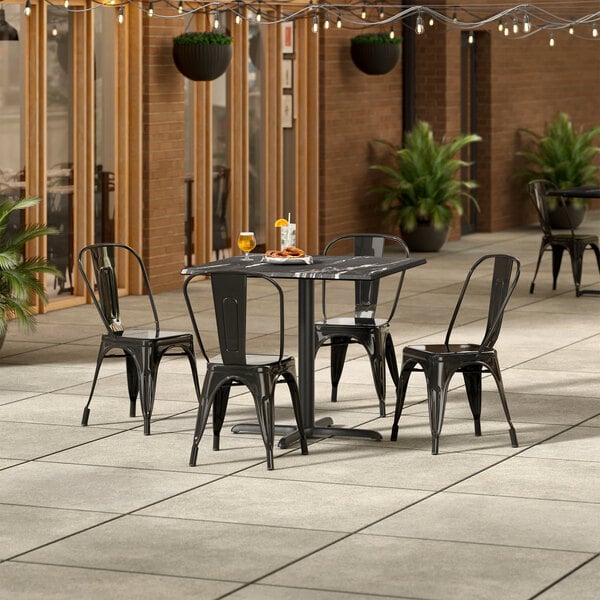 Lancaster Table & Seating Excalibur 36" x 36" Square Smooth Letizia Standard Height Table with 4 Alloy Series Black Outdoor Cafe Chairs