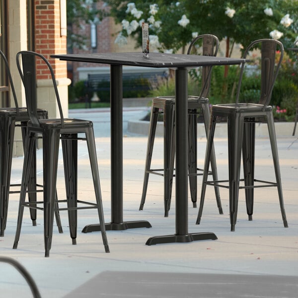 Lancaster Table & Seating Excalibur 27 1/2" x 47 3/16" Rectangular Smooth Letizia Bar Height Table with 4 Alloy Series Black Outdoor Cafe Barstools