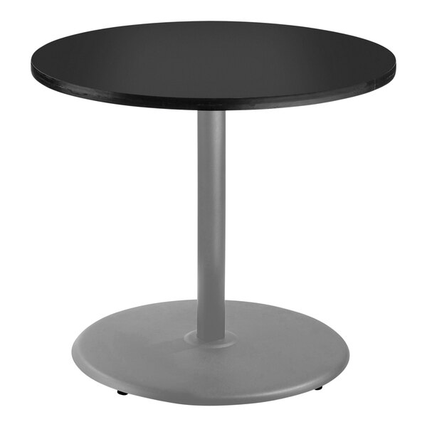 National Public Seating 30" Round Black Standard Height Cafe Table with Particleboard Core, Round Base, and Gray Frame