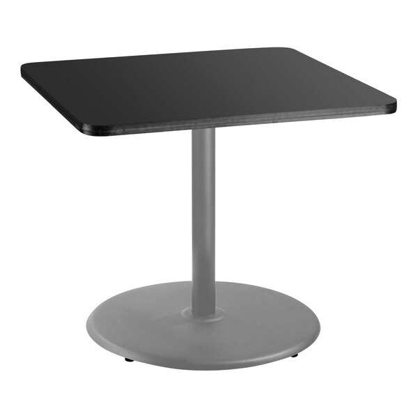 National Public Seating 30" x 30" Black Standard Height Cafe Table with Particleboard Core, Round Base, and Gray Frame