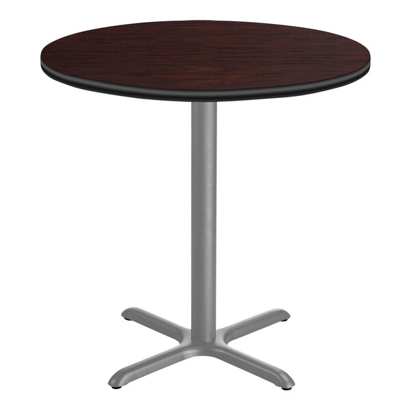 National Public Seating 36" Round Mahogany Bar Height Cafe Table with Particleboard Core, X Base, and Gray Frame