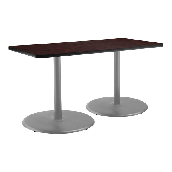 National Public Seating 30" x 72" Mahogany Standard Height Cafe Table with Particleboard Core, Round Base, and Gray Frame