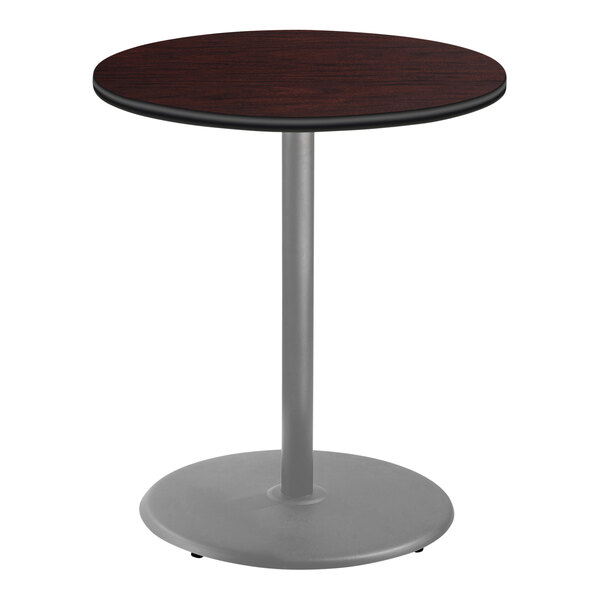National Public Seating 36" Round Mahogany Bar Height Cafe Table with Particleboard Core, Round Base, and Gray Frame