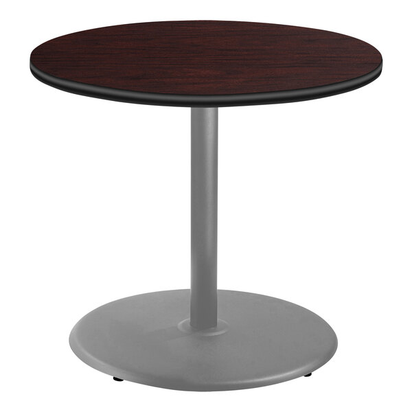 National Public Seating 36" Round Mahogany Standard Height Cafe Table with Particleboard Core, Round Base, and Gray Frame