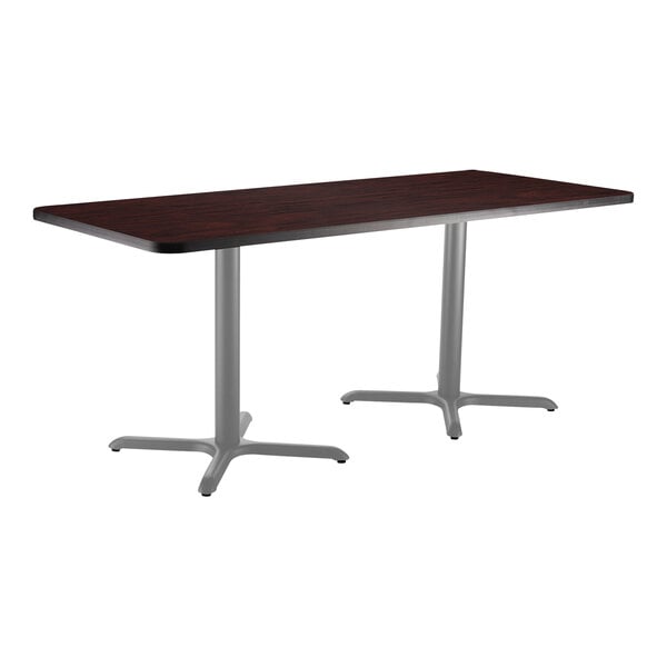 National Public Seating 30" x 72" Mahogany Standard Height Cafe Table with Particleboard Core, X Base, and Gray Frame