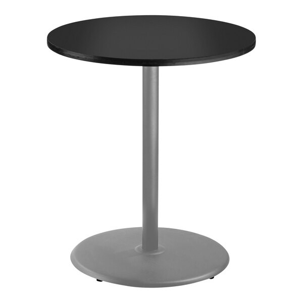 National Public Seating 36" Round Black Bar Height Cafe Table with Particleboard Core, Round Base, and Gray Frame