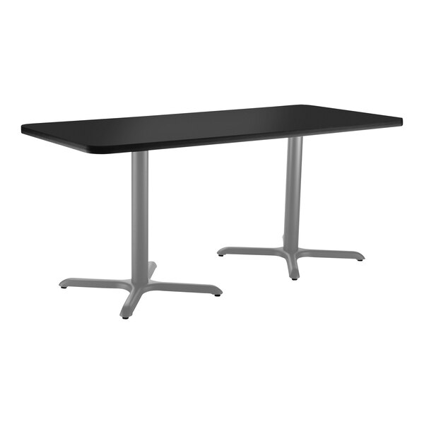 National Public Seating 30" x 48" Black Standard Height Cafe Table with Particleboard Core, X Base, and Gray Frame