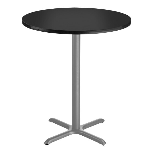 National Public Seating 30" Round Black Bar Height Cafe Table with Particleboard Core, X Base, and Gray Frame