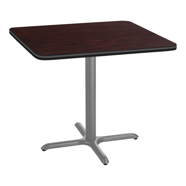 National Public Seating 36" x 36" Mahogany Standard Height Cafe Table with Particleboard Core, X Base, and Gray Frame