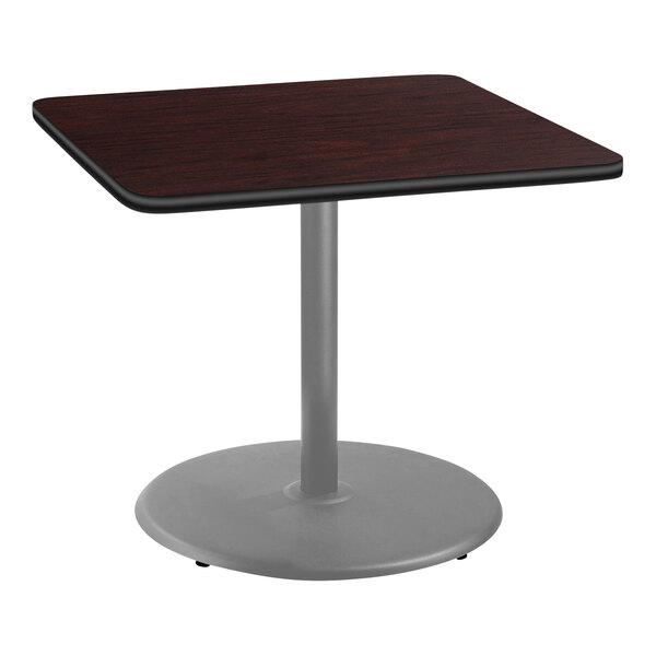 National Public Seating 30" x 30" Mahogany Standard Height Cafe Table with Particleboard Core, Round Base, and Gray Frame