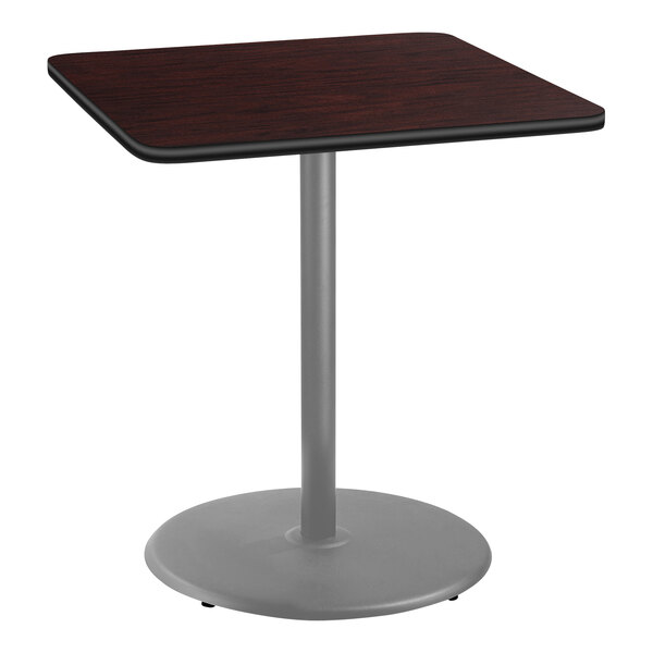 National Public Seating 30" x 30" Mahogany Bar Height Cafe Table with Particleboard Core, Round Base, and Gray Frame