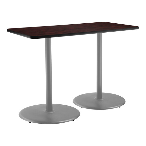 National Public Seating 30" x 48" Mahogany Bar Height Cafe Table with Particleboard Core, Round Base, and Gray Frame
