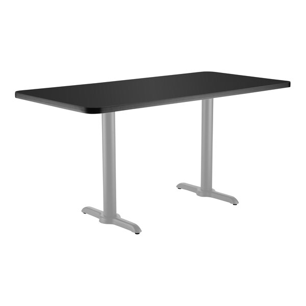 National Public Seating 30" x 72" Black Standard Height Cafe Table with Particleboard Core, T Base, and Gray Frame