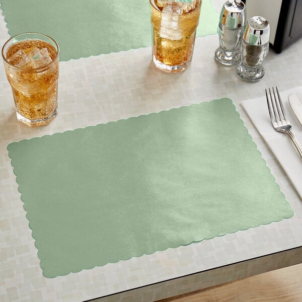 Choice 10" x 14" Sage Green Colored Paper Placemat with Scalloped Edge - 1000/Case