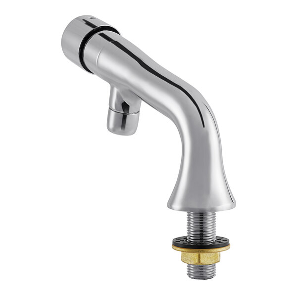 A close-up of a silver Waterloo metering faucet with a brass nut.