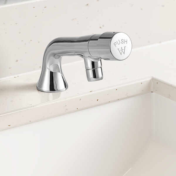 A close-up of a Waterloo chrome deck-mount metering faucet.