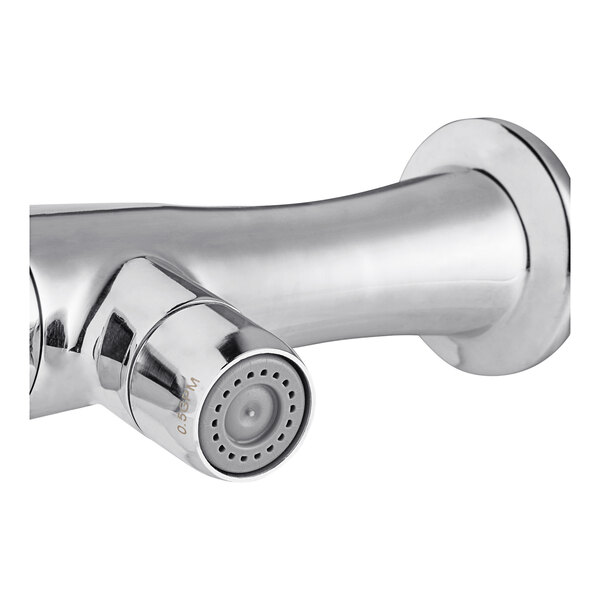 A silver Waterloo wall-mount metering faucet with nozzle.