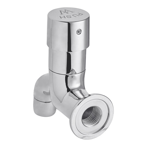 A silver metal Waterloo wall-mount metering faucet with a chrome pipe.