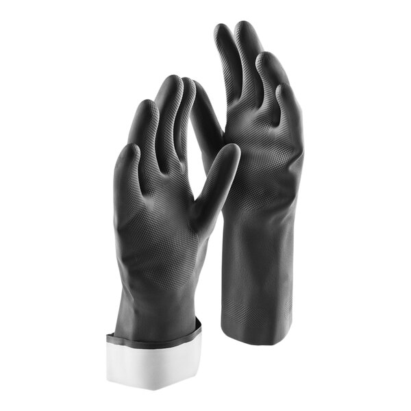 Libman 12" Black 24 Mil Industrial-Grade Rubber Gloves with Flock Lining - 10/Case