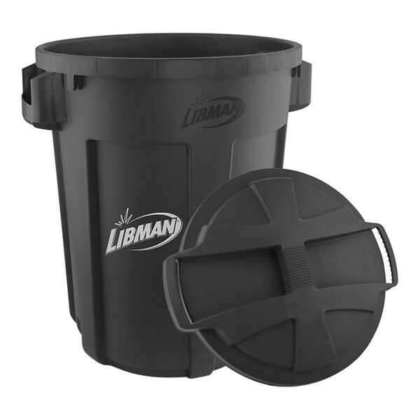 Libman 1385 32 Gallon Black Round Trash Can and Rounded Lid