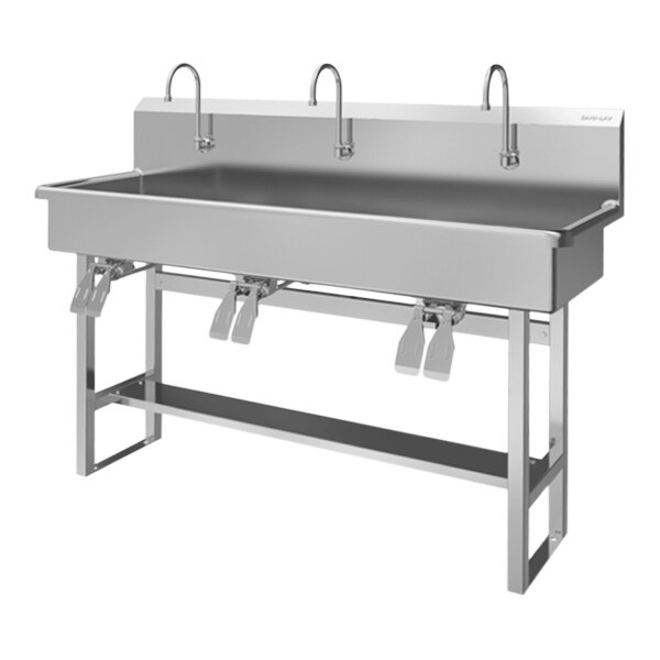 Sani-Lav 56FK2 60" x 20" Floor-Mounted Multi-Station Hands-Free Sink with (3) Double Knee-Operated 2.0 GPM Faucets