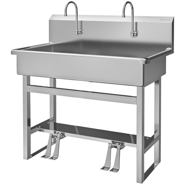 Sani-Lav 54FSL-0.5 40" x 20" Floor-Mounted Multi-Station Hands-Free Sink with (2) Double Foot-Operated 0.5 GPM Faucets