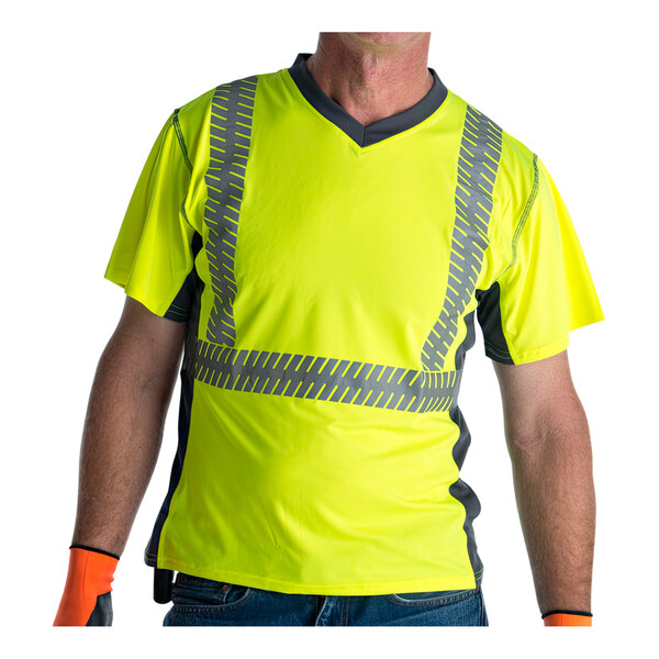 Cordova Cor-Brite Type R Class 2 Hi-Vis Lime Comfort Stretch V-Neck Short Sleeve Safety Shirt with Gray Side Panels and Reflective Tape - 5X