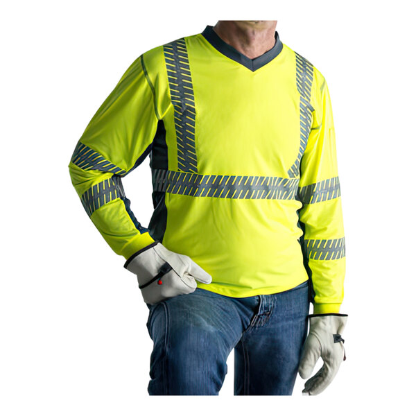 Cordova Cor-Brite Type R Class 3 Hi-Vis Lime Comfort Stretch V-Neck Long Sleeve Safety Shirt with Gray Side Panels and Reflective Tape - Medium