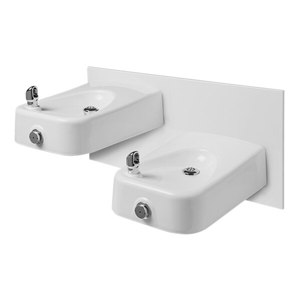 Haws 1501 Dual White Enamel / Iron Vandal-Resistant Wall-Mount Drinking Fountain with Matching Back Panel - Non-Refrigerated
