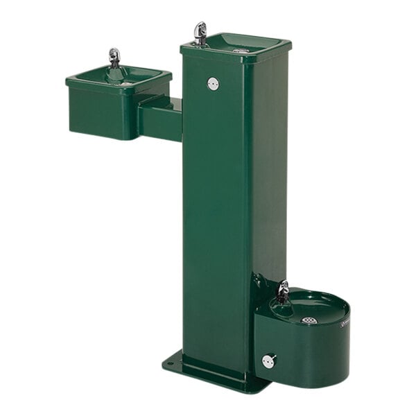 Haws 3500D Dual Vandal-Resistant Outdoor Square Pedestal Drinking Fountain with Dog Bowl and Green Powder-Coat Finish - Non-Refrigerated