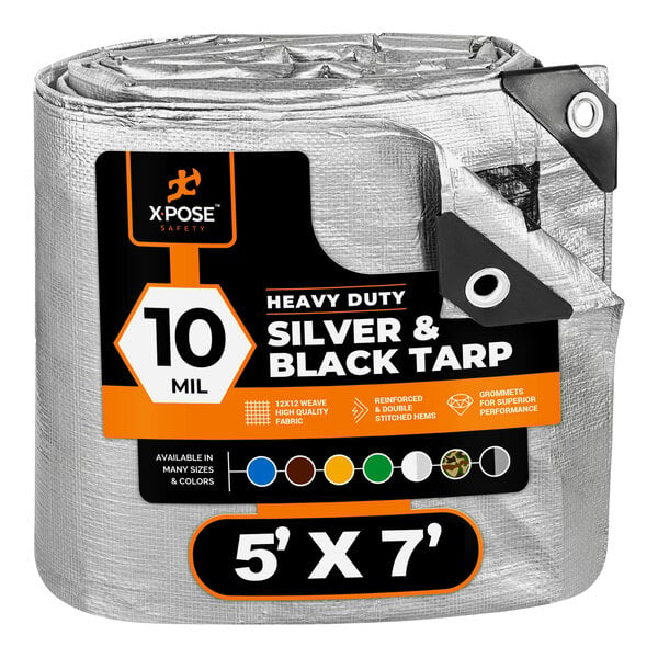 Xpose Safety 5' x 7' Silver / Black Heavy-Duty Weatherproof 10 Mil Multipurpose Polyethylene Tarp STH-57-X