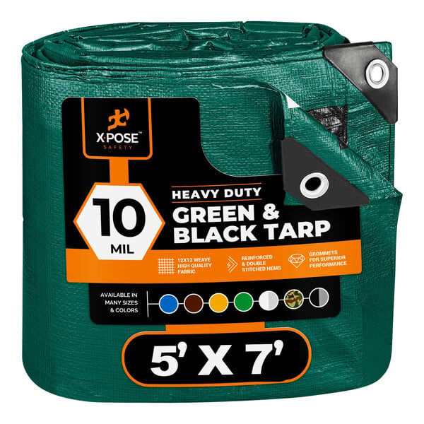 Xpose Safety 5' x 7' Green / Black Heavy-Duty Weatherproof 10 Mil Multipurpose Polyethylene Tarp MTGB-57-X