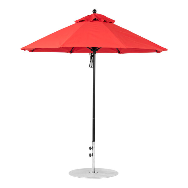 BFM Seating 7 1/2' Customizable Round Red Marine-Grade Acrylic Umbrella with Black Aluminum Pole