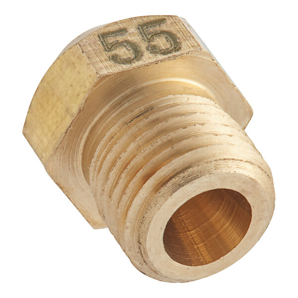 A brass Avantco liquid propane orifice with the number 55 on a threaded male fitting.