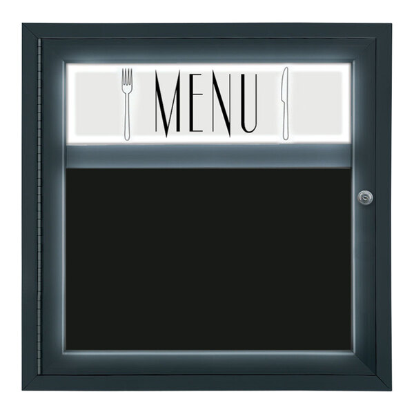 United Visual Products 24" x 26" Black Single Door Enclosed Magnetic Menu Board with Illuminated Header