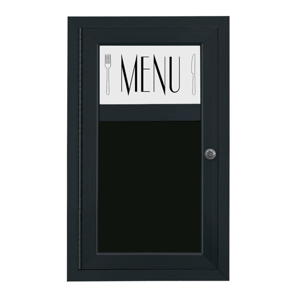 United Visual Products 15" x 25" Black Single Door Enclosed Magnetic Menu Board with Header