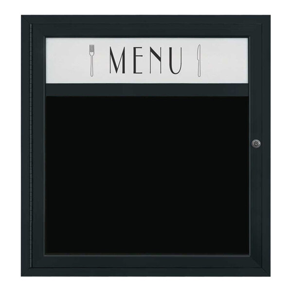 United Visual Products 29" x 30" Black Single Door Enclosed Magnetic Menu Board with Header