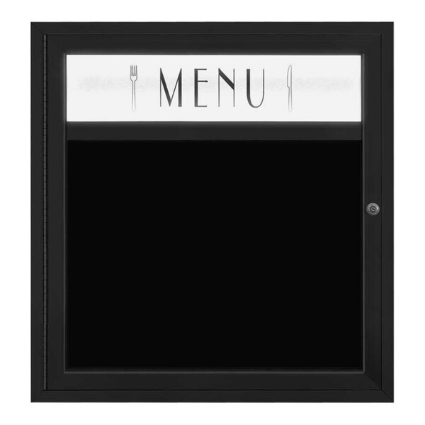 United Visual Products 29" x 30" Black Single Door Enclosed Magnetic Menu Board with Illuminated Header