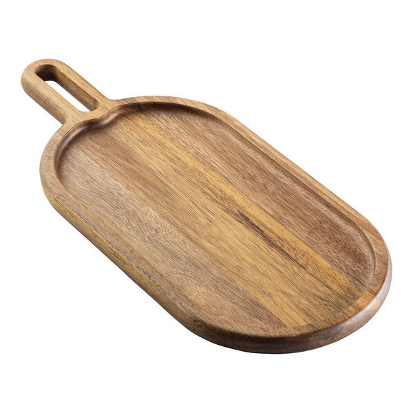 Tablecraft Acacia Collection 17" x 7 1/4" x 3/4" Oblong Rimmed Acacia Wood Serving Board with Handle