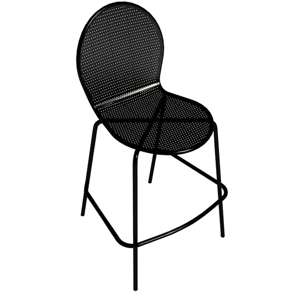 An American Tables and Seating black mesh outdoor bar stool with metal legs.