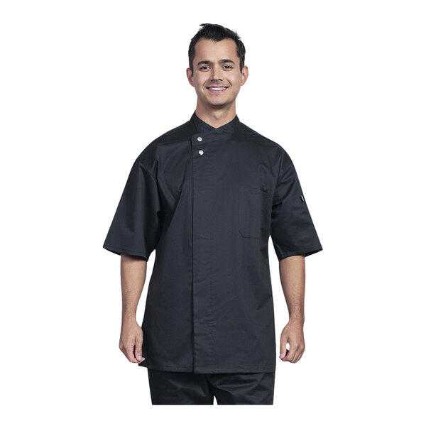 Uncommon Chef Bari Unisex Customizable Black Short Sleeve Chef Coat with Black Mesh Back 0718 - 4X