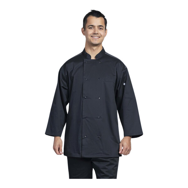 Uncommon Chef Split Unisex Customizable Black 3/4 Sleeve Chef Coat with Silver Heather Mesh Back 0719HC - XS