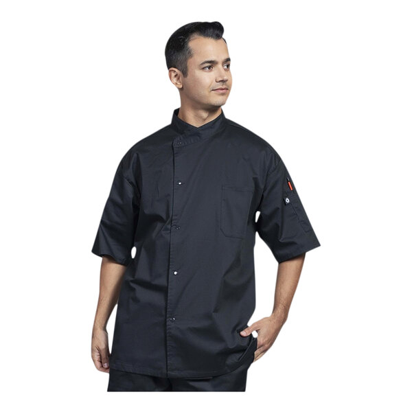 Uncommon Chef Luca Unisex Customizable Black Short Sleeve Chef Coat with Black Mesh Back 0712