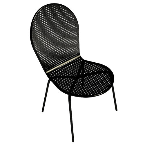 An American Tables and Seating black metal outdoor chair with a woven seat and seat back.