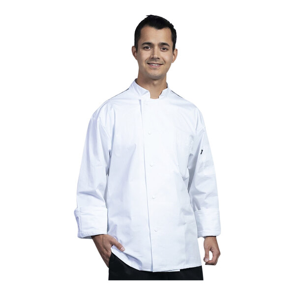 Uncommon Chef Genoa Unisex Customizable White Long Sleeve Chef Coat with Black Heather Mesh Back 0715HC