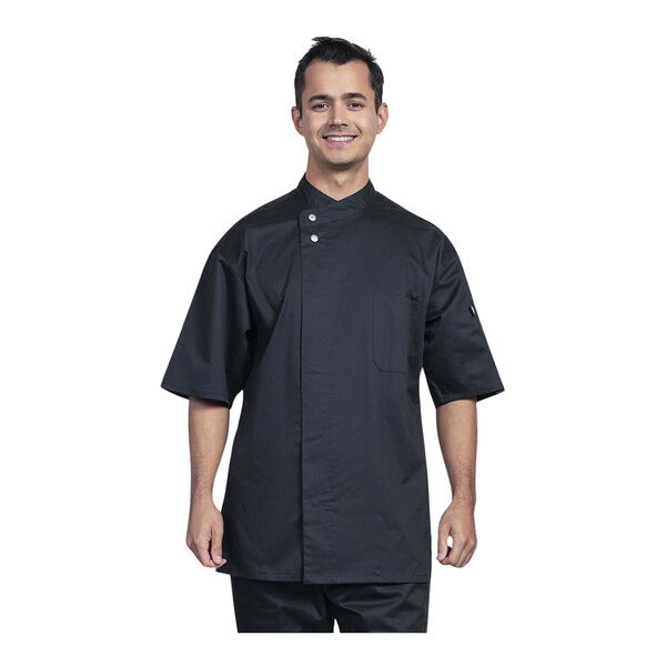 Personalized Black Short Sleeve Chef Coat - Men's Small, Custom Embroidery, 65/35 Poly-Cotton Blend