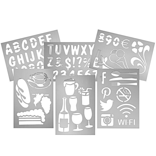 An American Metalcraft stencil set with various symbols on a counter.