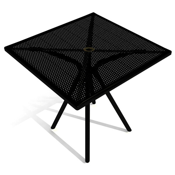 A black square American Tables and Seating outdoor table with metal legs.