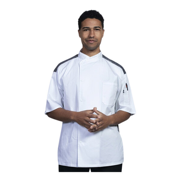 Uncommon Chef Modena Unisex Customizable White Short Sleeve Chef Coat with Black Heather Mesh Back 0712HC